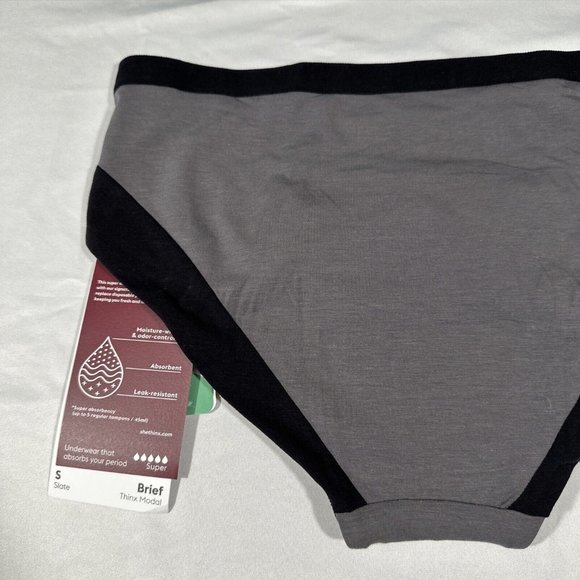 NWT $35 Thinx [ Womens Small ] Super‎ Period Cotton Brief in Slate/ Black - Picture 9 of 10